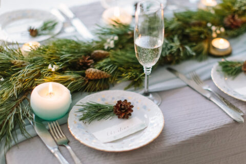 Aerial,View,Of,Winter,Green,Garland,On,A,Wedding,Table Aerial,View,Of,Winter,Green,Garland,On,A,Wedding,Table