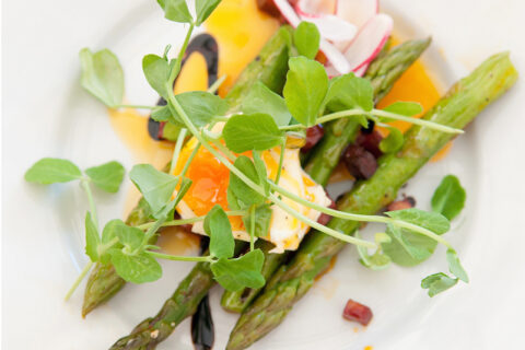 Starter - Asparagus, Chorizo, Poached Egg, Radish-sq Starter - Asparagus, Chorizo, Poached Egg, Radish